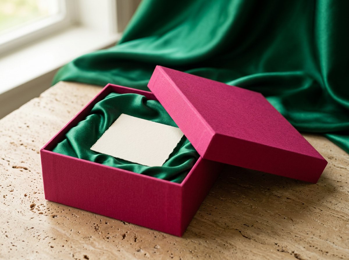 A rani-pink Rasa box, open, lined in emerald satin