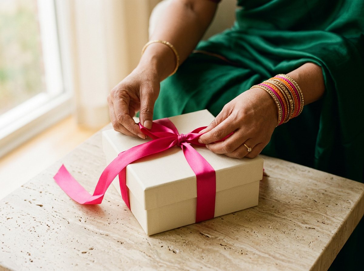 Hands tying a pink ribbon on a cream box